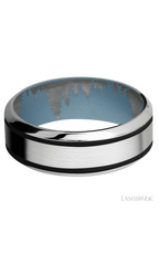 8 mm wide/High Bevel/Cobalt Chrome band with two 1 mm Wide inlays of Black also featuring a Polar Blue sleeve.