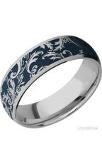 7 mm wide/Domed/Titanium band with a laser carved Black Leaf pattern.