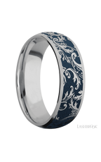 7 mm wide/Domed/Titanium band with a laser carved Black Leaf pattern.