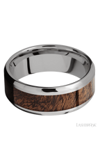 8 mm wide/Beveled/Titanium band with one 5 mm Centered inlay of Sapele.