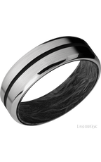 7 mm wide/Beveled/Titanium band with one 1 mm Centered inlay of Black also featuring a Forged Carbon Fiber sleeve.