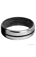 7 mm wide/Beveled/Titanium band with one 1 mm Centered inlay of Black also featuring a Forged Carbon Fiber sleeve.