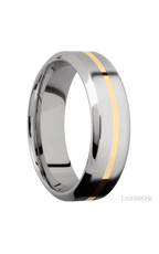 7 mm wide/High Bevel/14K White Gold band with one 1 mm Centered inlay of 14K Yellow Gold.