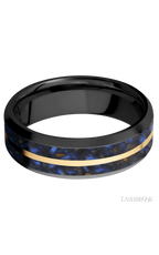 7 mm wide/Beveled/Zirconium band featuring inlays of Blue Tiger Eye and 14K Yellow Gold.