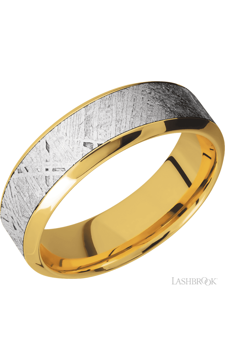 7 mm wide/High Bevel/18K Yellow Gold band with one 4 mm Centered inlay of Meteorite.