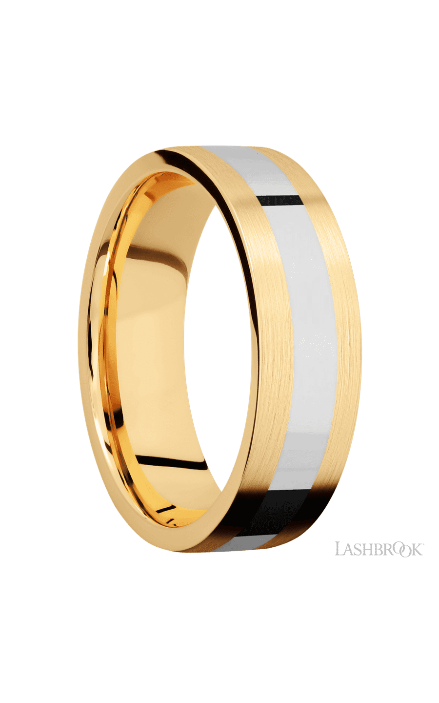 7 mm wide/Flat/14K Yellow Gold band with one 3 mm Centered inlay of 14K White Gold.