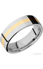 7 mm wide/Flat/14K White Gold band with one 2 mm Centered inlay of 14K Yellow Gold.
