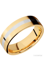 7 mm wide/Flat/14K Yellow Gold band with one 2 mm Centered inlay of 14K White Gold.