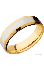6 mm wide/Beveled/14K Yellow Gold band with one 3 mm Centered inlay of 14K White Gold.
