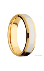 6 mm wide/Beveled/14K Yellow Gold band with one 3 mm Centered inlay of 14K White Gold.