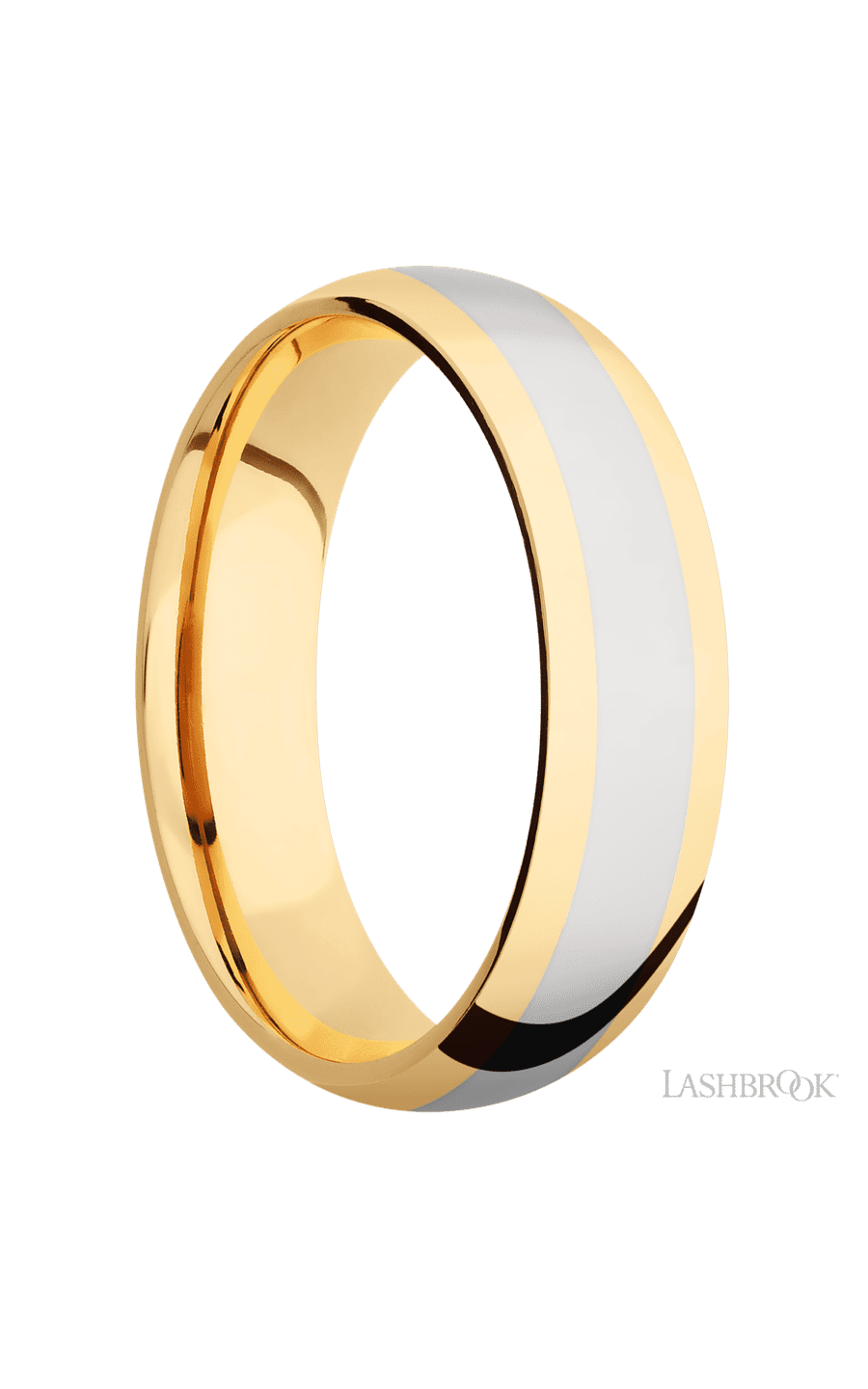 6 mm wide/Domed/14K Yellow Gold band with one 3 mm Centered inlay of 14K White Gold.