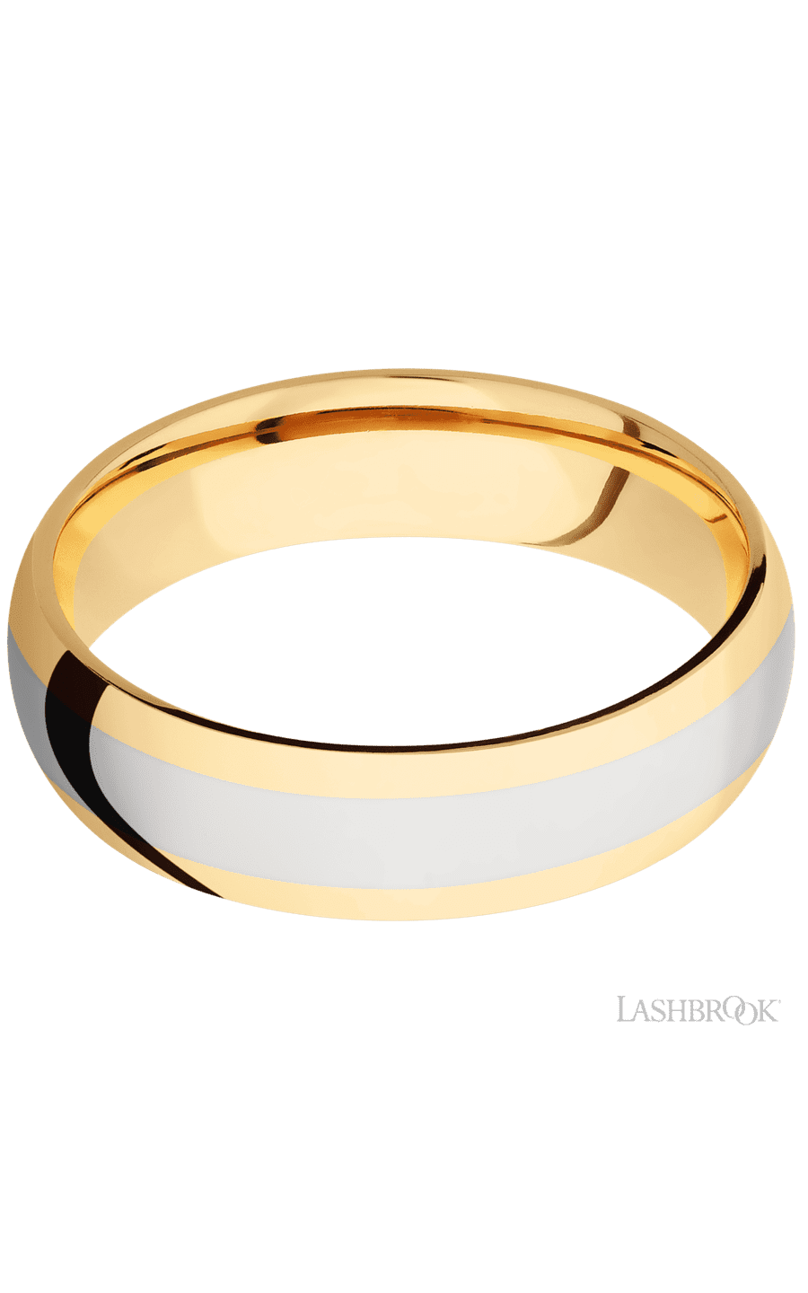 6 mm wide/Domed/14K Yellow Gold band with one 3 mm Centered inlay of 14K White Gold.