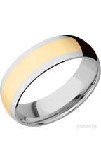 7 mm wide/Domed/14K White Gold band with one 4 mm Centered inlay of 14K Yellow Gold.