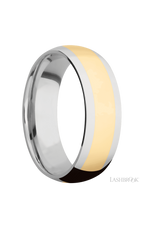 7 mm wide/Domed/14K White Gold band with one 4 mm Centered inlay of 14K Yellow Gold.