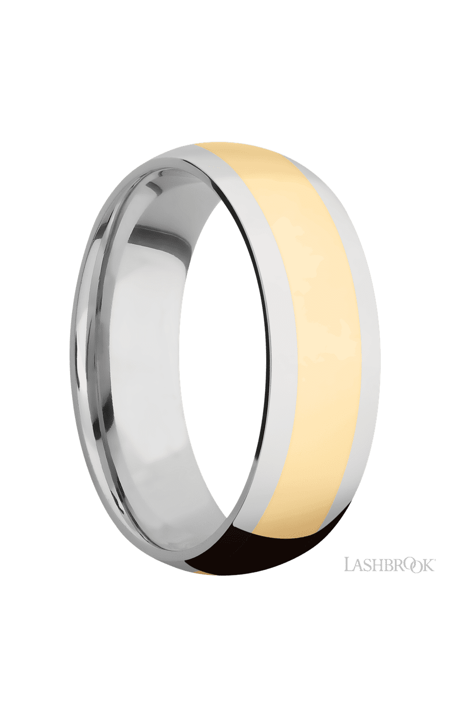 7 mm wide/Domed/14K White Gold band with one 4 mm Centered inlay of 14K Yellow Gold.