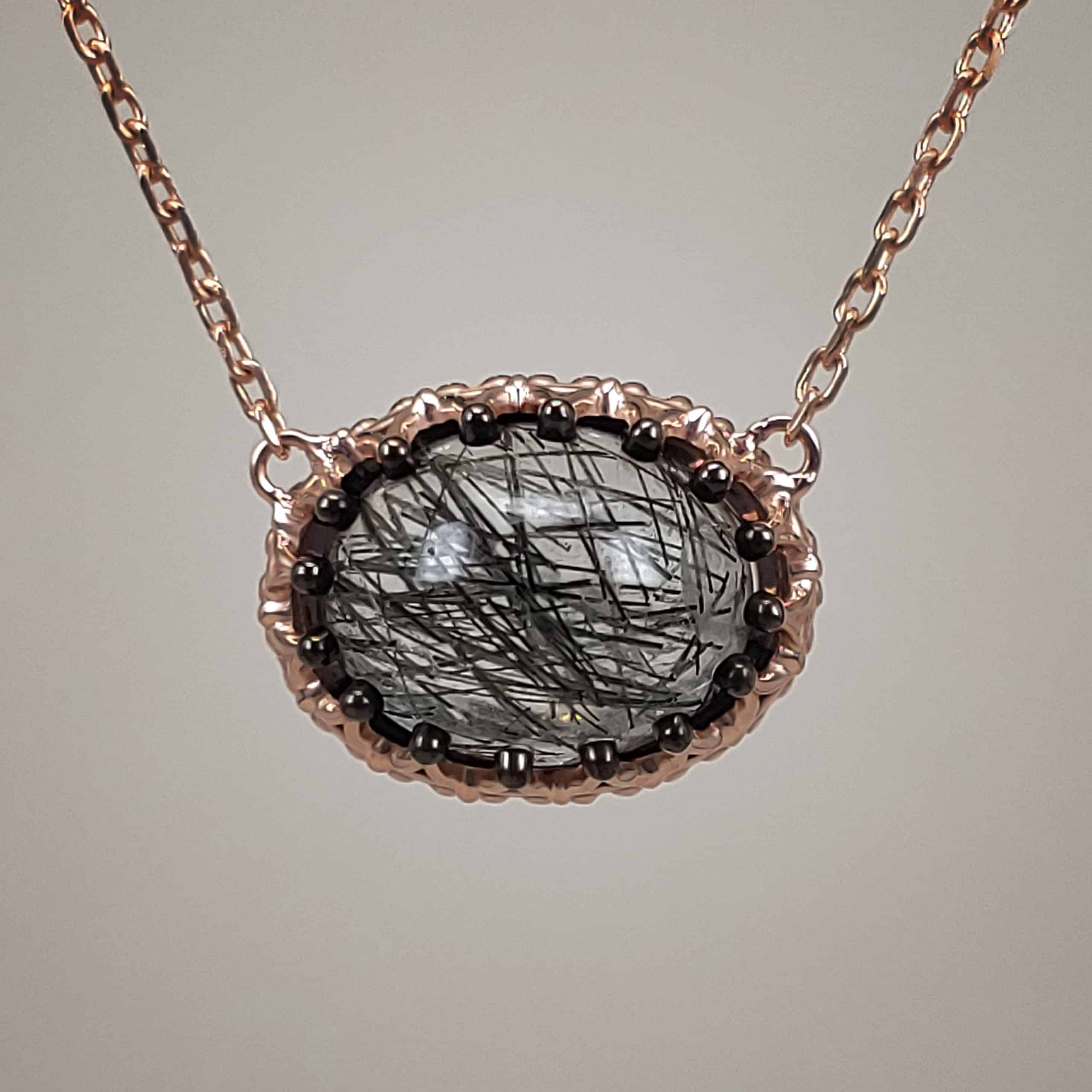 14k Rose Gold Double-Halo Cabochon-cut Tourmalinated Quartz