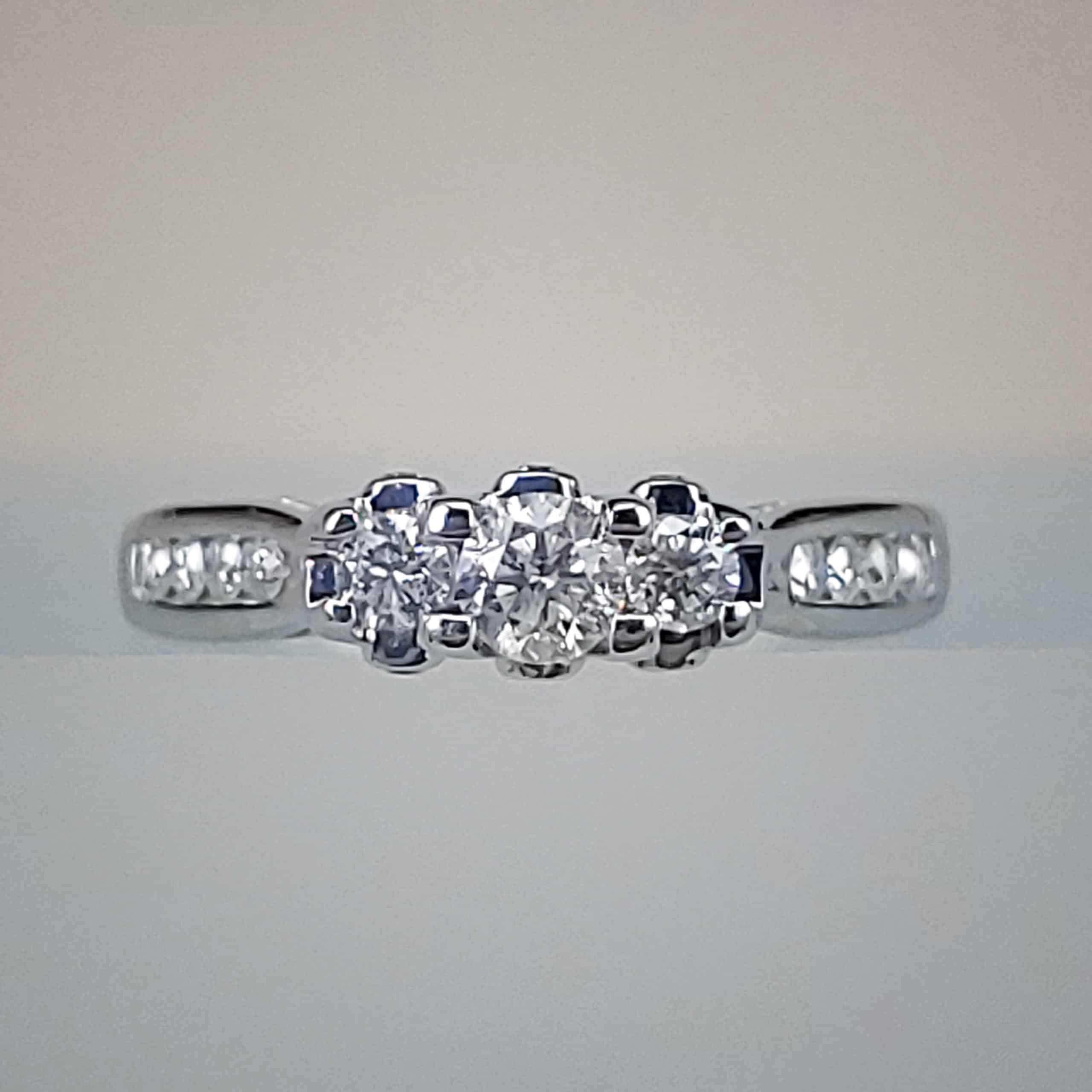 14K White Gold 3-Stone Diamond Engagement Ring w Channel Set Diamond Band