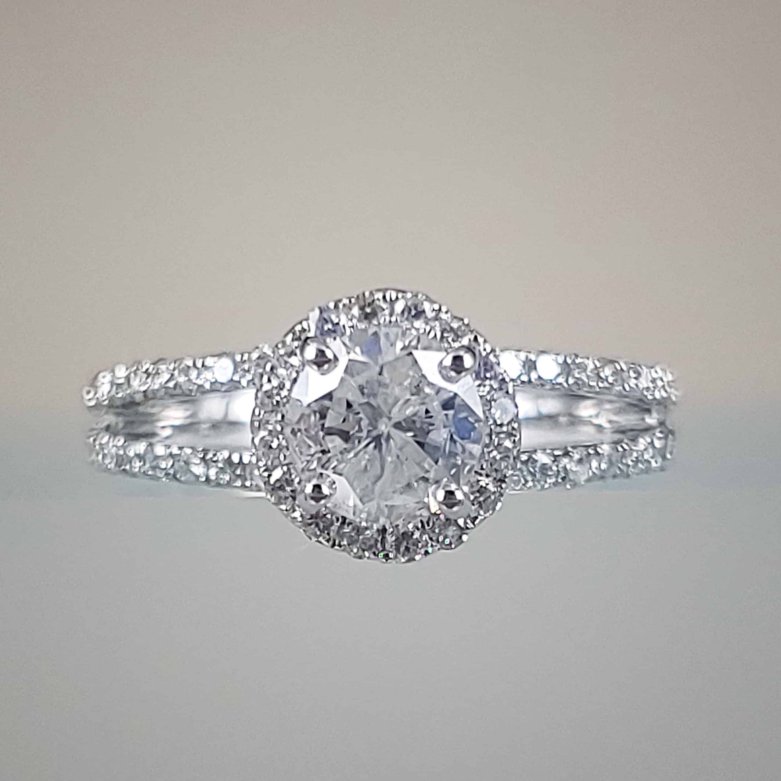 1/2 Carat Round Brilliant Diamond Halo Engagement Ring w Diamond Studded Split-Shank