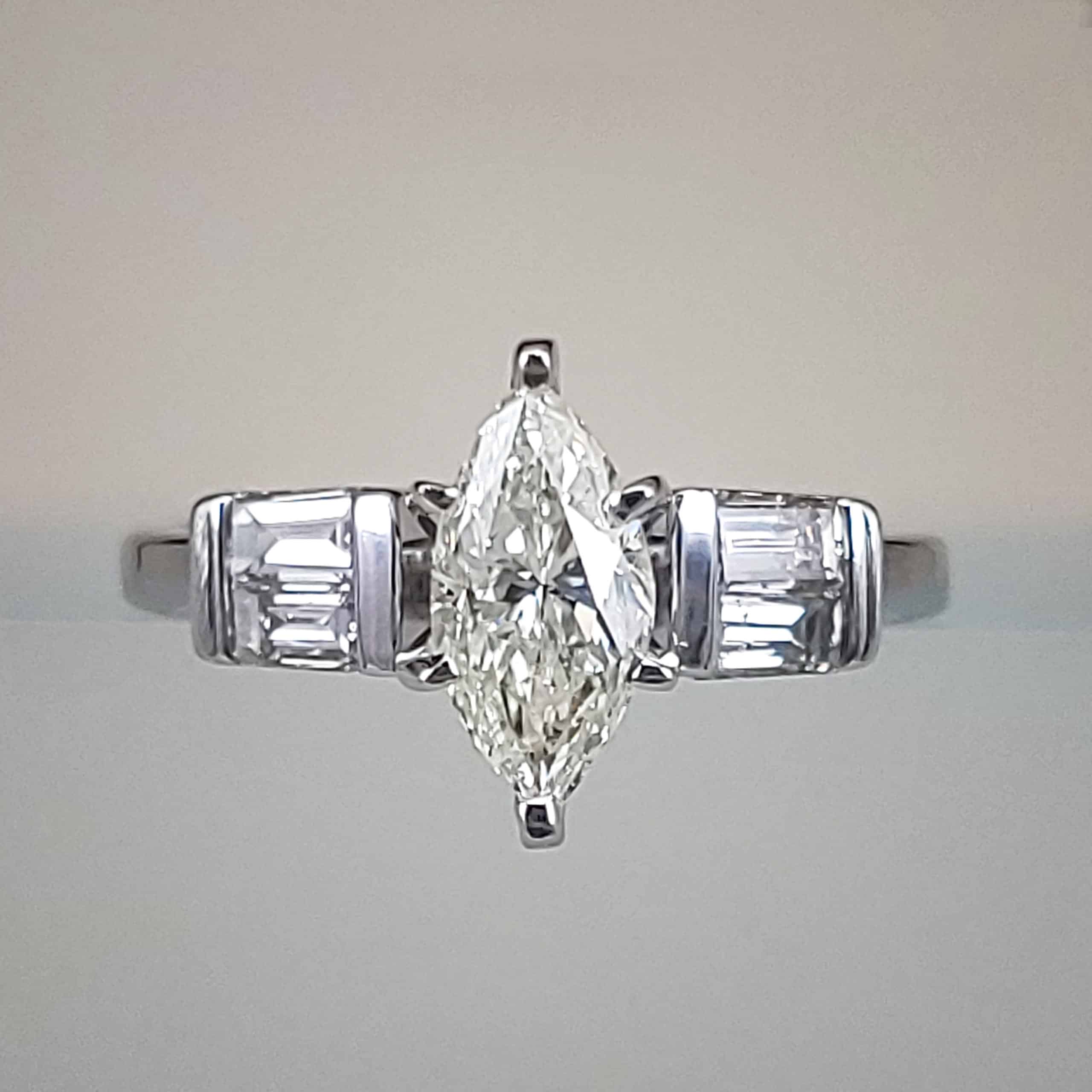 1ct Marquise Diamond Ring w Baguette Accent Diamonds on Shank