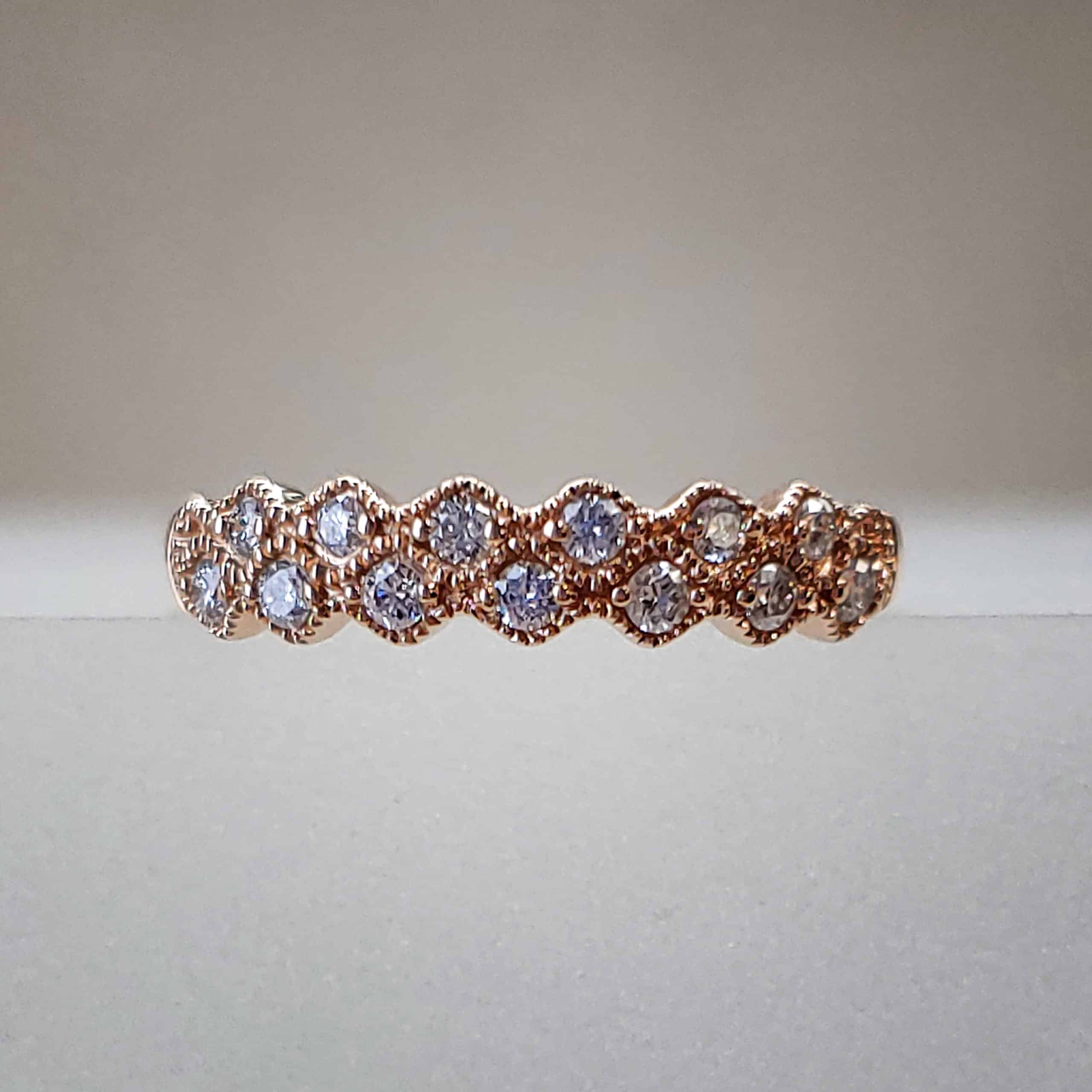 14K Rose Gold Wavy Pave Set Diamond Band w/ Circular Rose Gold Milgraining