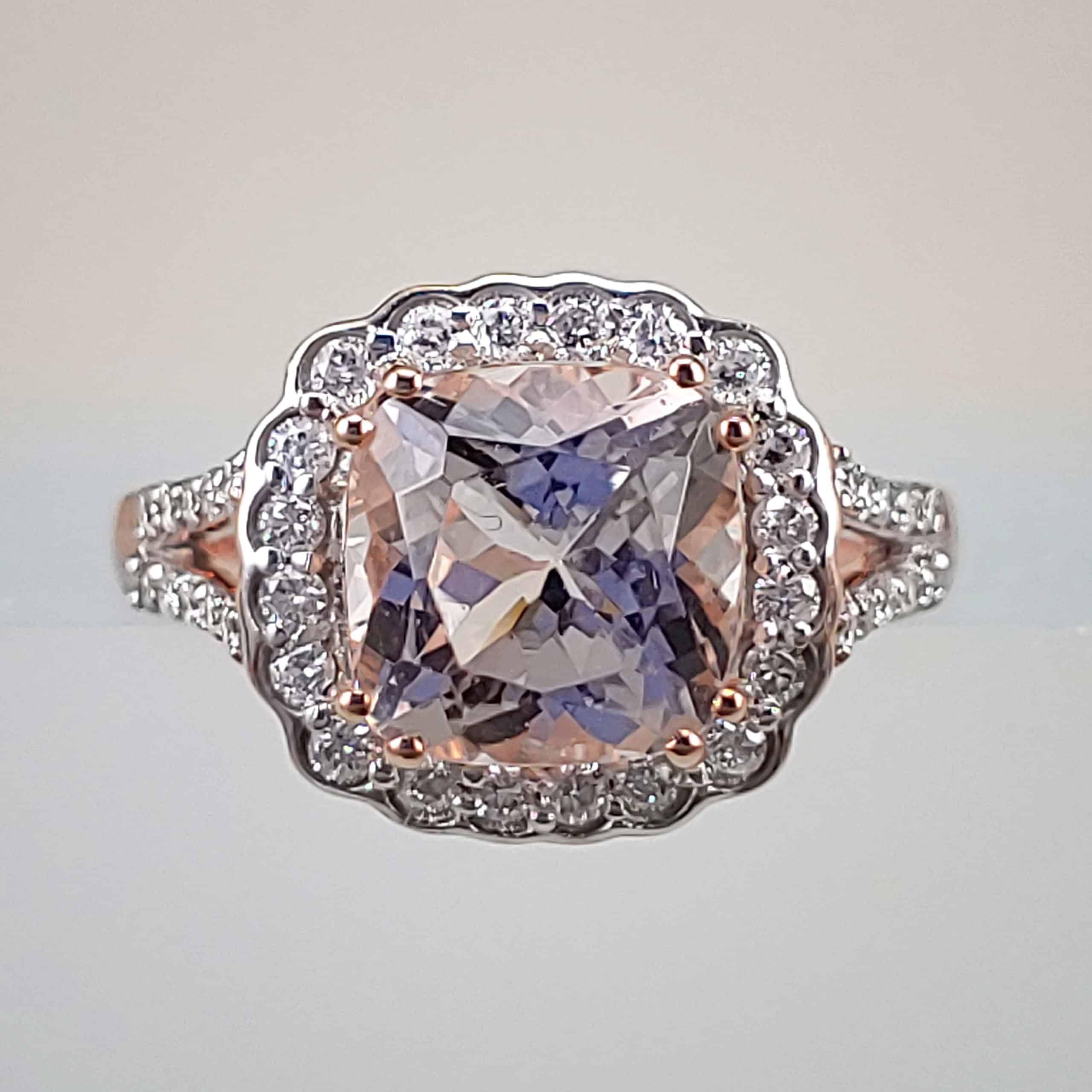 14K Rose Gold Cushion-Cut Morganite with a Floral Diamond Halo Ring