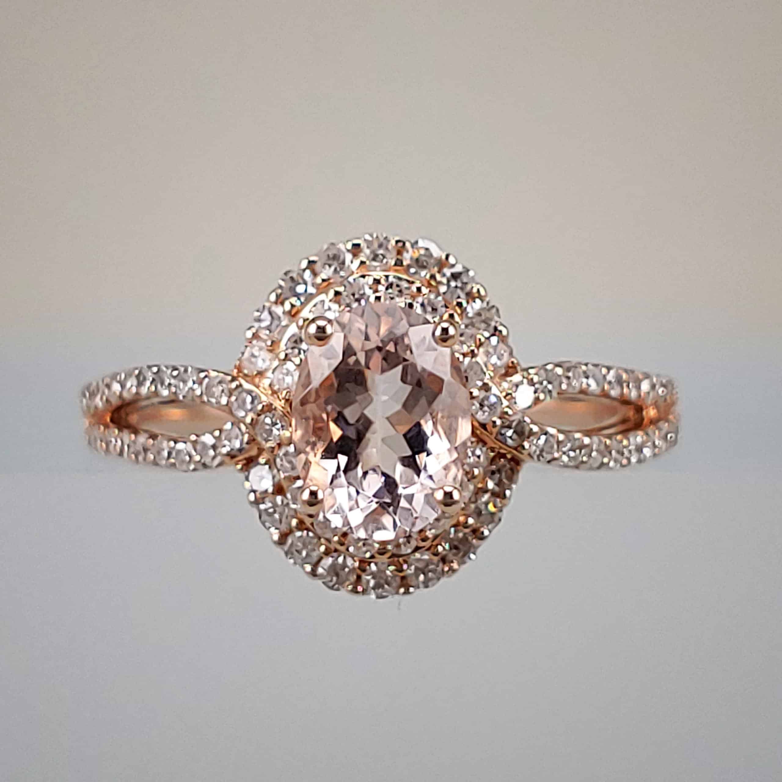 Split-Shank Rose Gold Oval-Cut Morganite w Double-Diamond Halo
