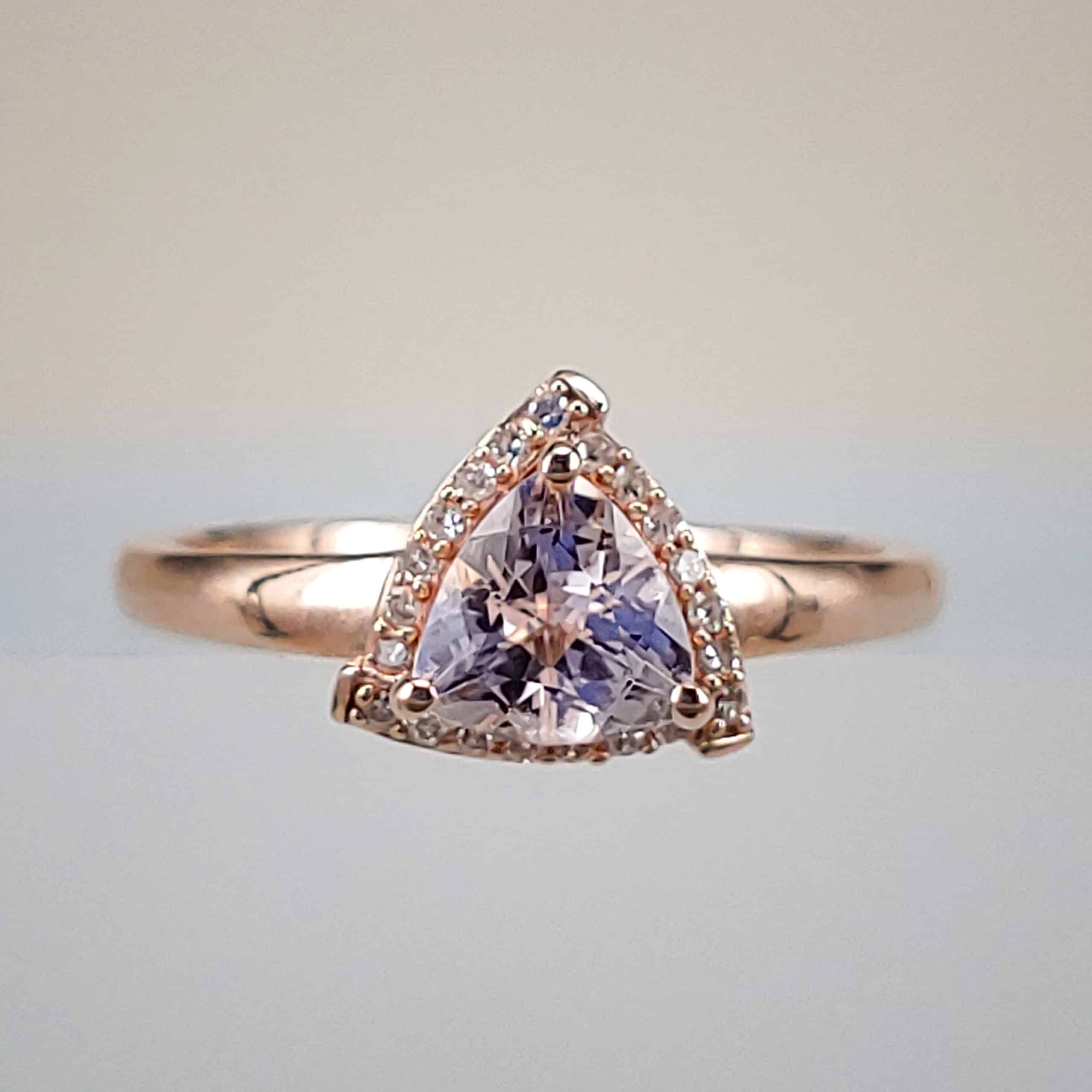 Rose Gold Trillion-Cut Peachy-Pink Morganite w Diamond Halo Ring