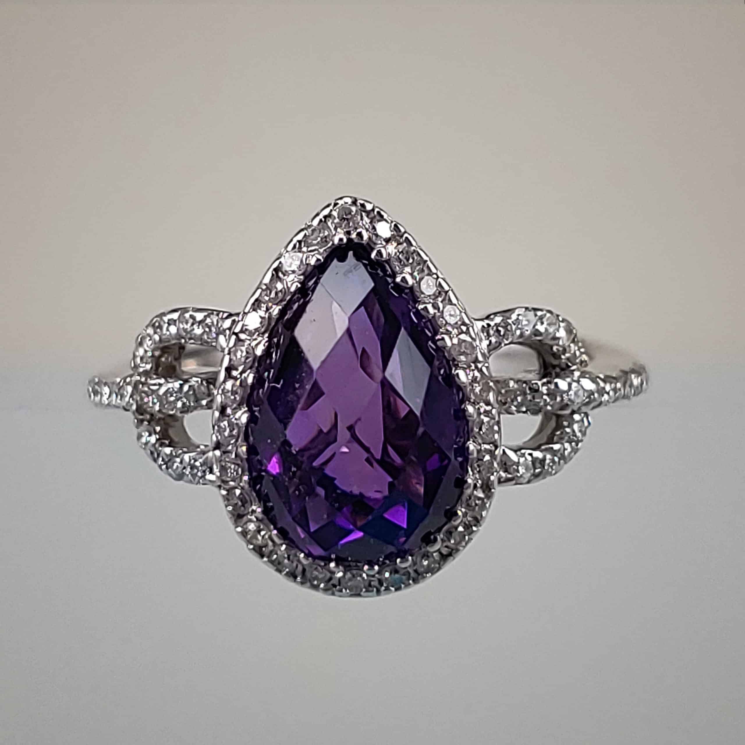 Pear-Cut Checkerboard Purple Amethyst w Diamond Halo