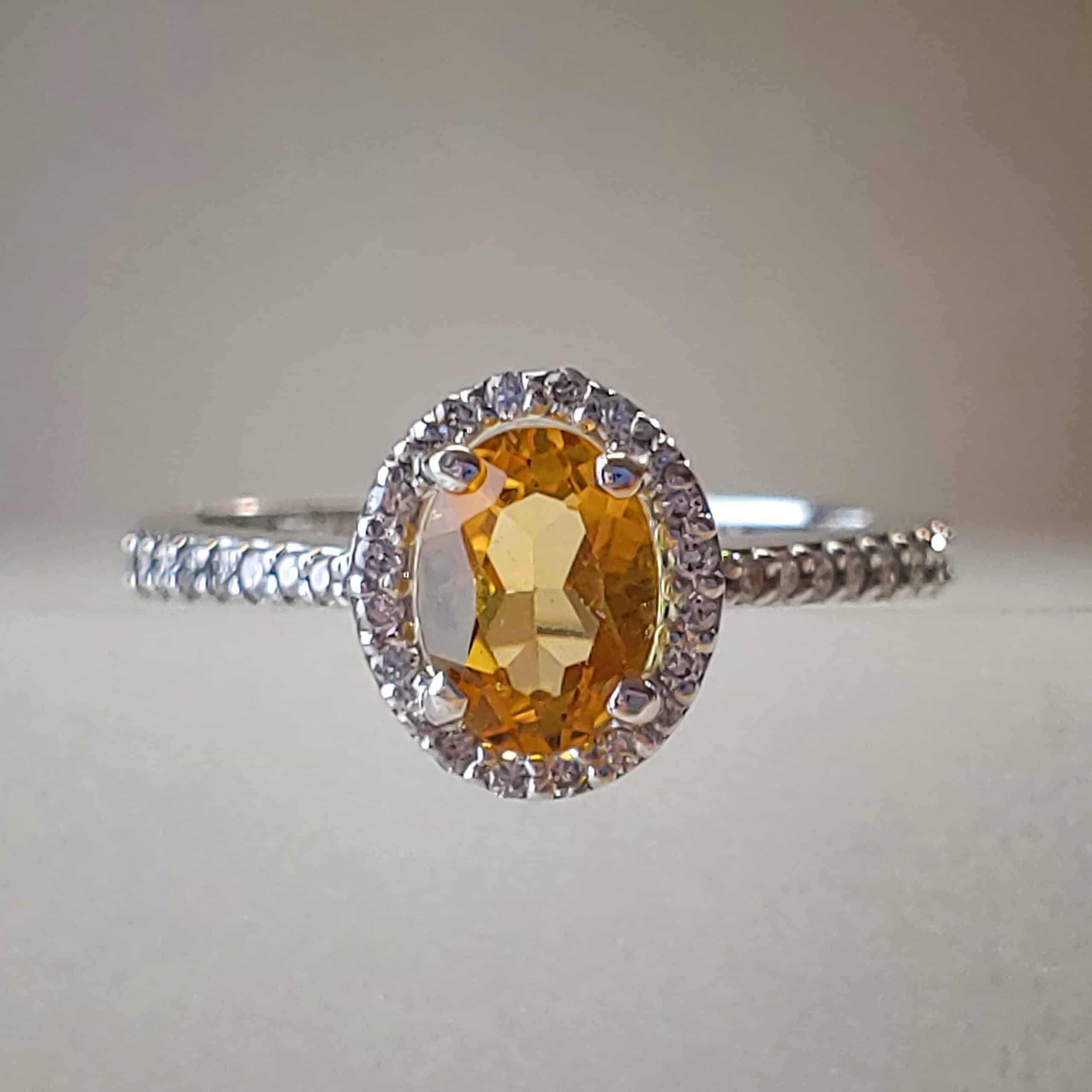 14k White Gold Oval-Cut Citrine w Diamond Halo Ring