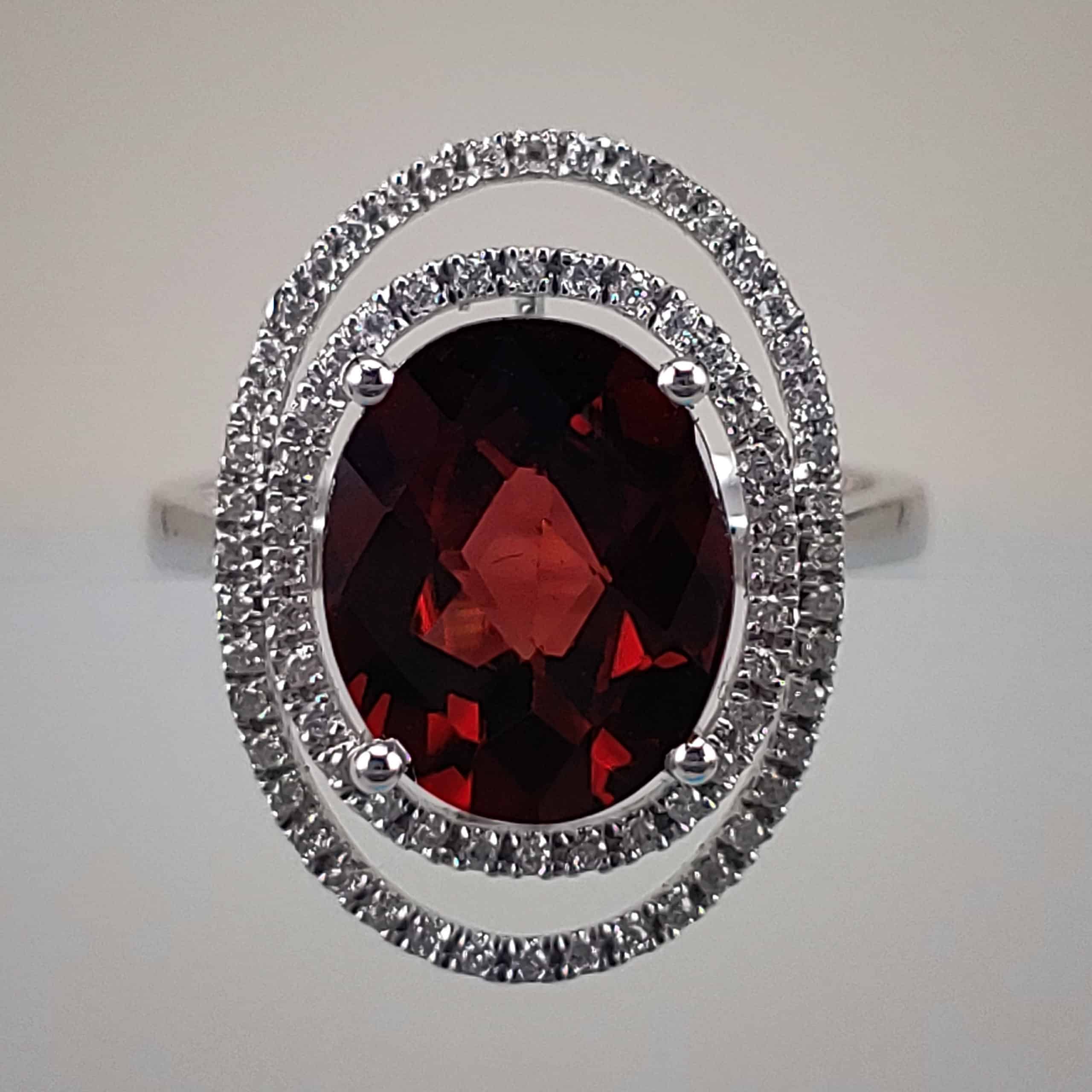 Oval-Cut Checkerboard Garnet w Double Round Diamond Halo