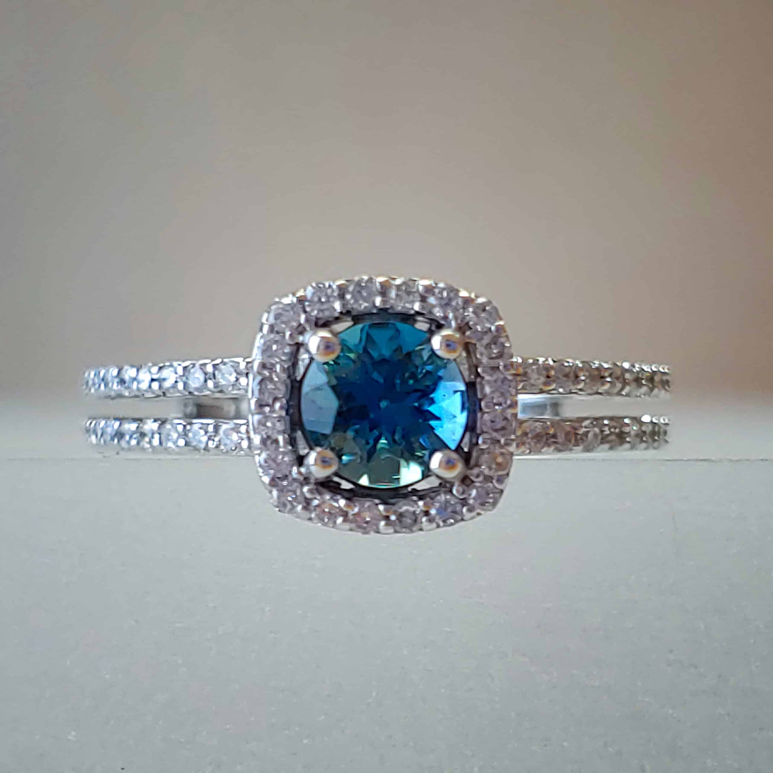 14k White Gold Round London Blue Topaz Double-Shank Ring