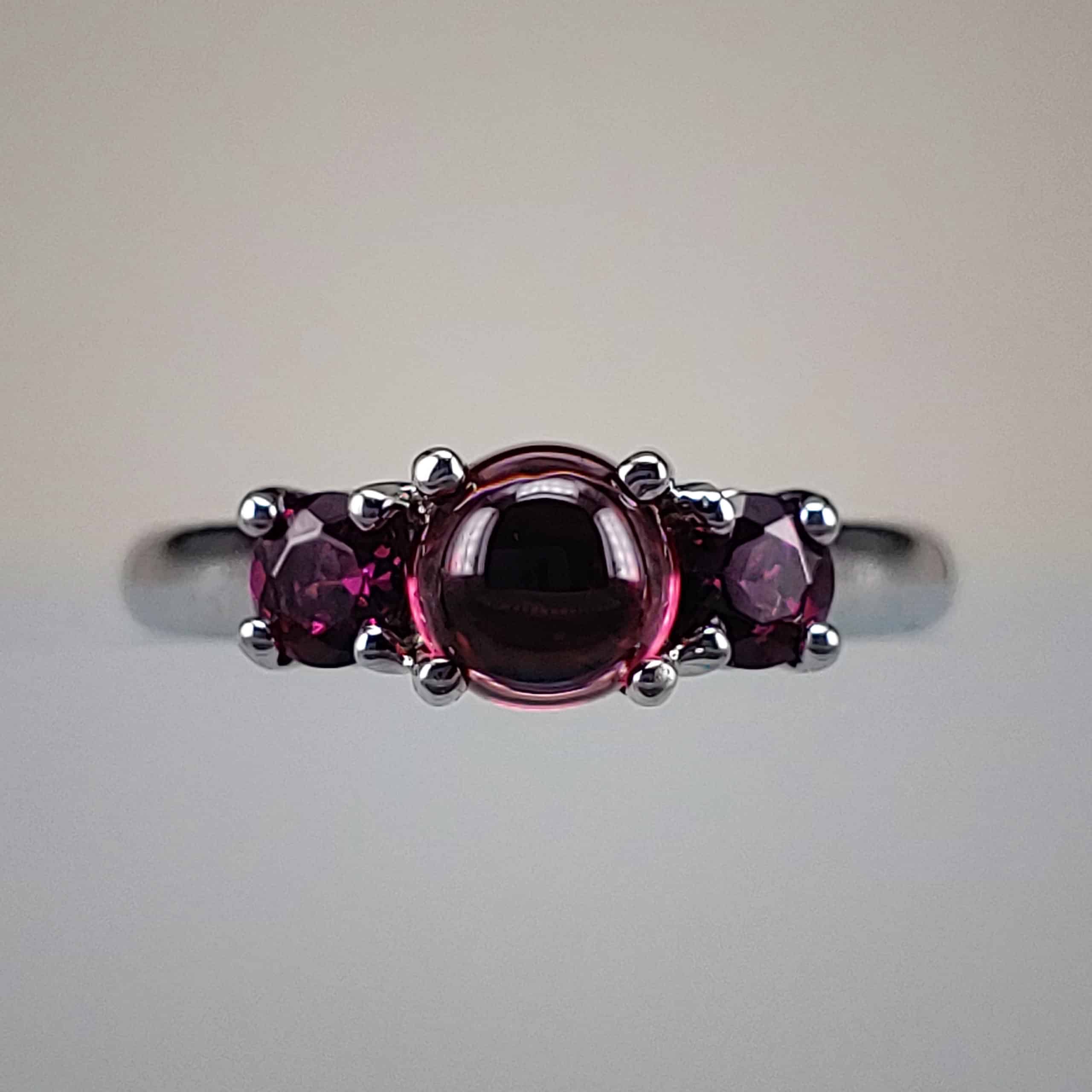 3 Stone Cabochon-Cut Rhodolite Garnet Ring