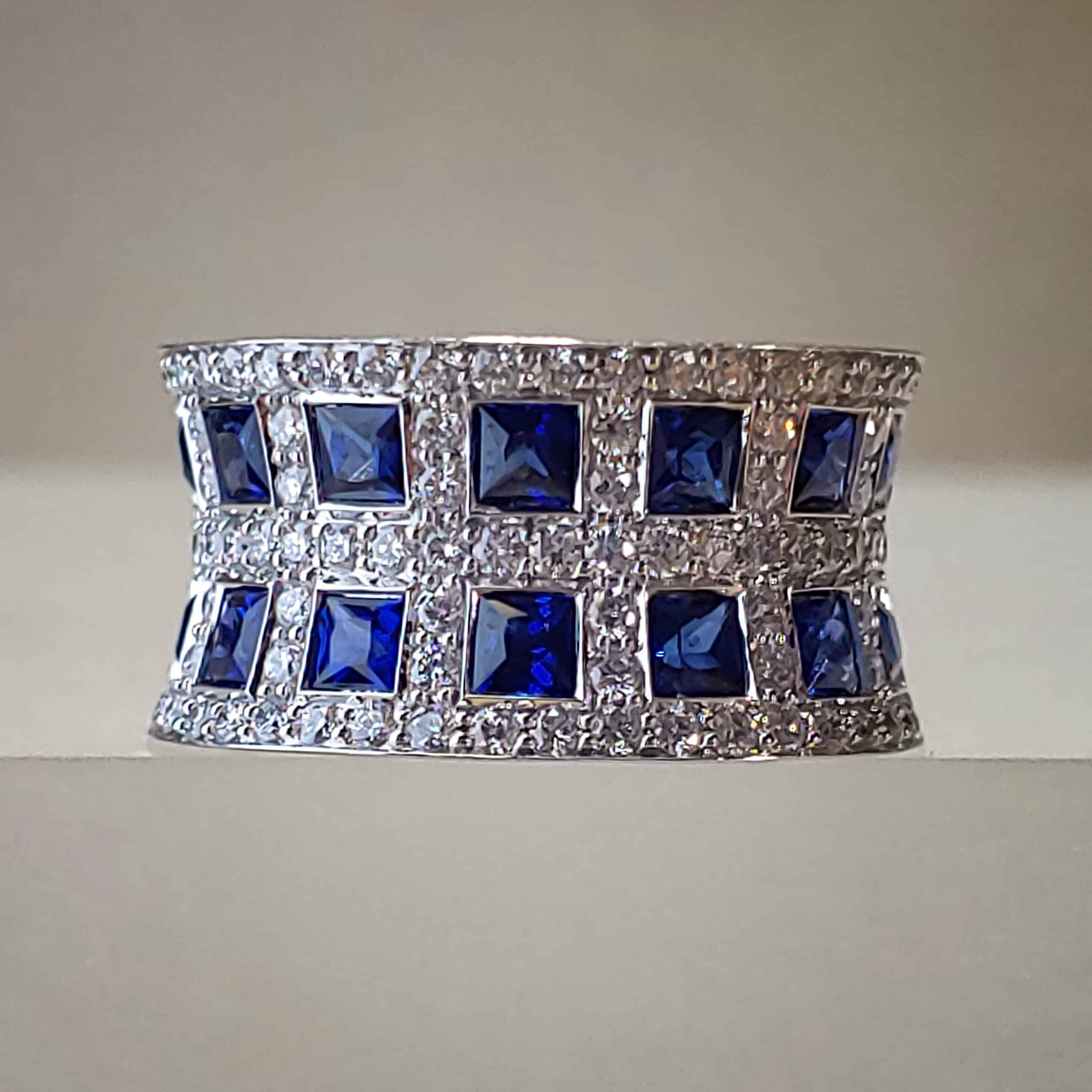 14K White Gold Bezel Set Princess-Cut Blue Sapphire & Pave Diamond Ring