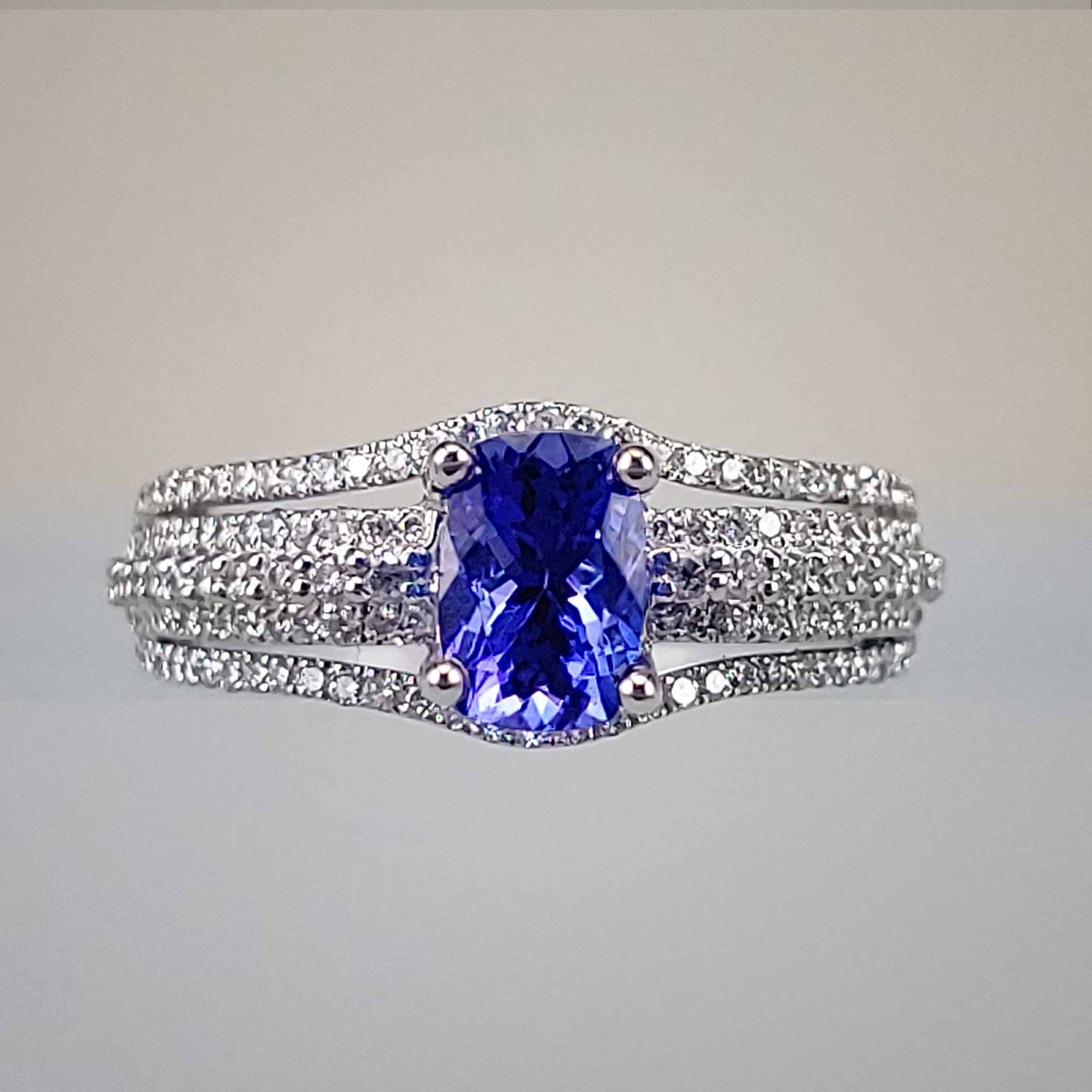 14K White Gold Cushion-Cut Tanzanite with Diamond Accents Ring