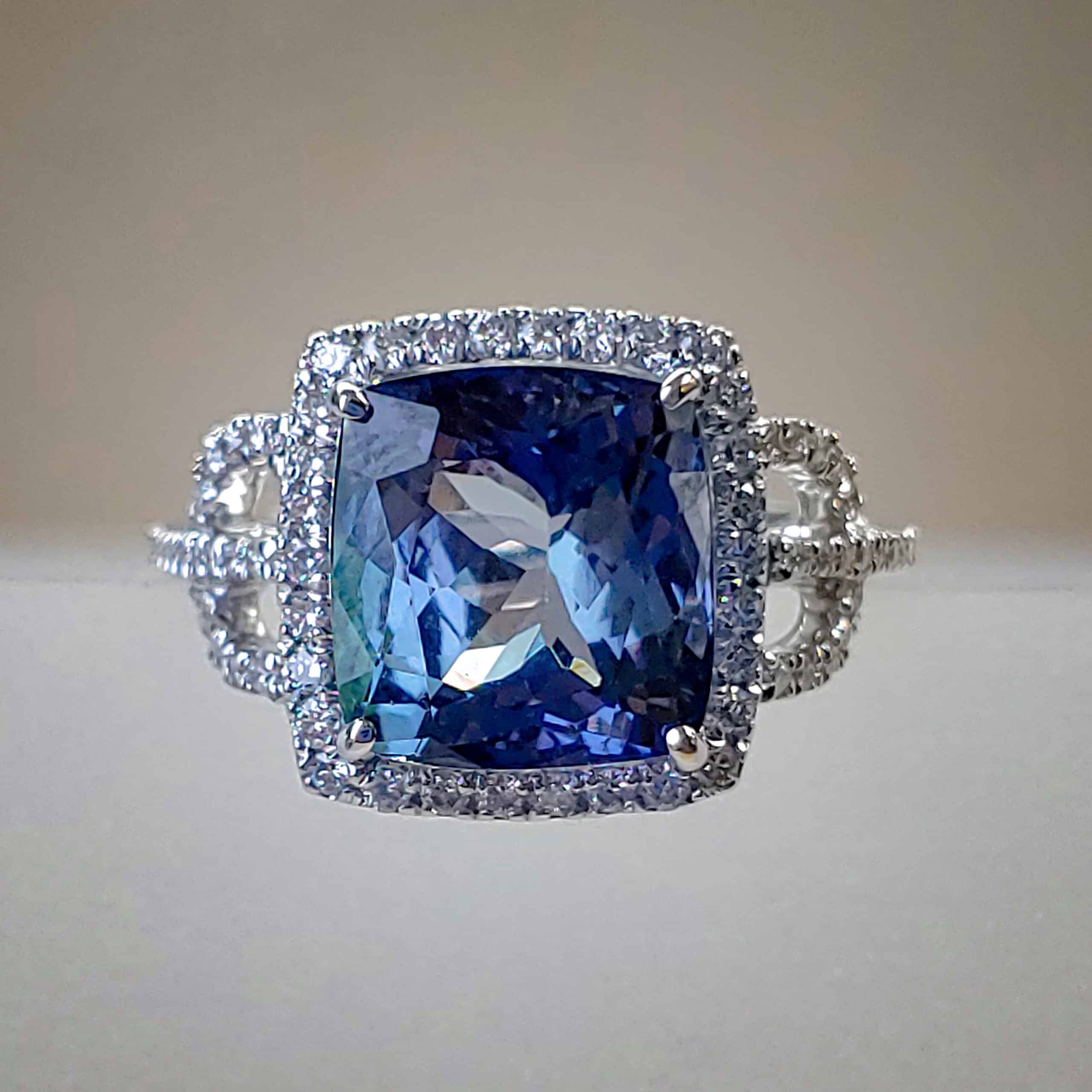 18K White Gold Cushion-Cut Tanzanite and Round Brilliant Diamond MJ Signature Ring