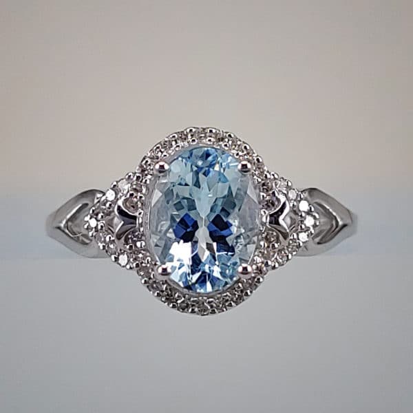 Oval-Cut Aquamarine Three Stone Ring w Diamond Halo