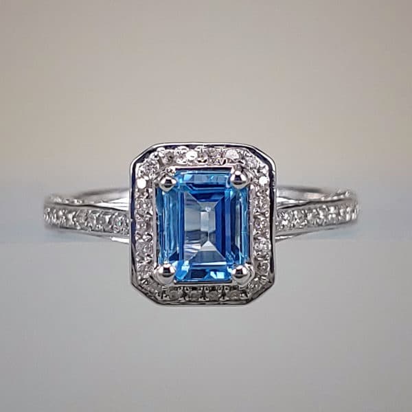 Diamond Accented Emerald-Cut Swiss Blue Topaz in White Gold