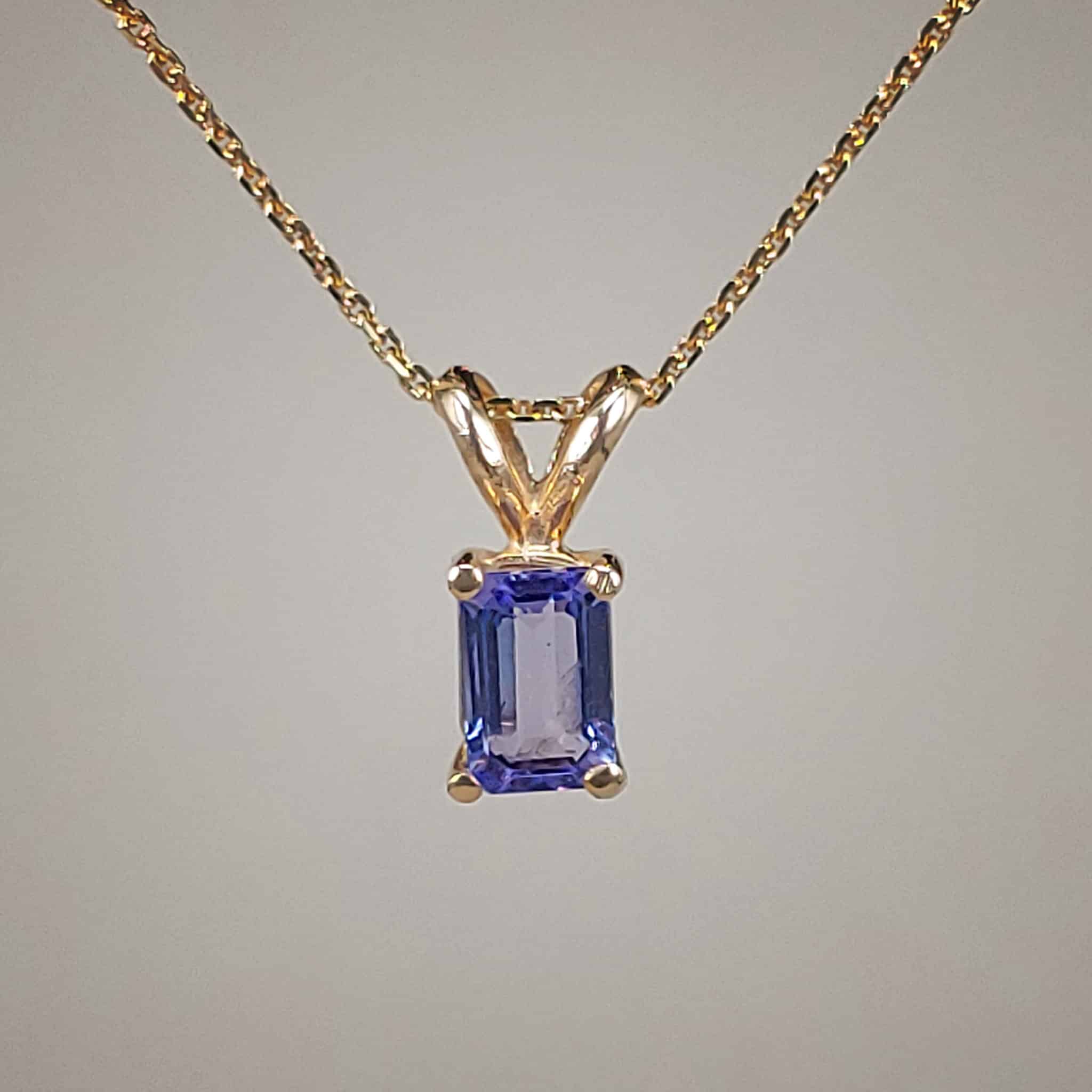 14k Yellow Gold Pendant w EmeraldCut ProngSet Tanzanite + Bail