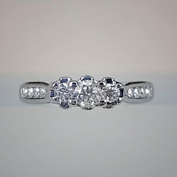 14K White Gold 3-Stone Diamond Engagement Ring w Channel Set Diamond Band