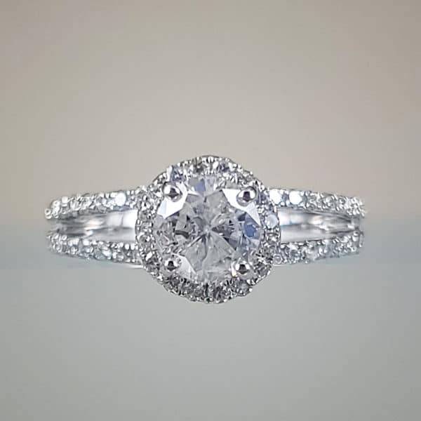 1/2 Carat Round Brilliant Diamond Halo Engagement Ring w Diamond Studded Split-Shank