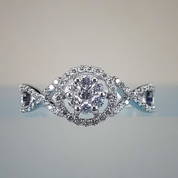 Ladies Split-Shank Diamond Cluster Ring in 18k White Gold w Diamond Halo