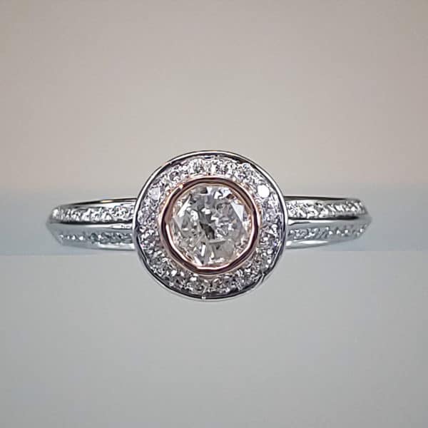 1 CTW Diamond Halo Engagement Ring w Rose Gold Bezel Set