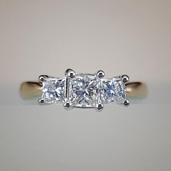 3 Stone Princess Cut Diamond Engagement Ring | 2 Tone Yellow & White Gold Wedding Ring