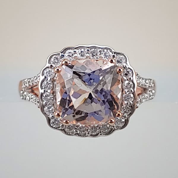 Cushion-Cut Morganite w Floral Diamond Halo in 14K Rose Gold Ring