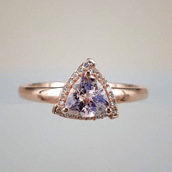 Rose Gold Trillion-Cut Peachy-Pink Morganite w Diamond Halo Ring
