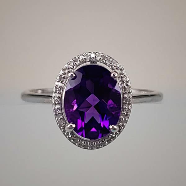 14K White Gold Oval Cut Amethyst with Diamond Halo Ring