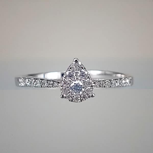 Pear-Shape Diamond Cluster Fashion Ring in 14K White Gold Diamond Paved Shank
