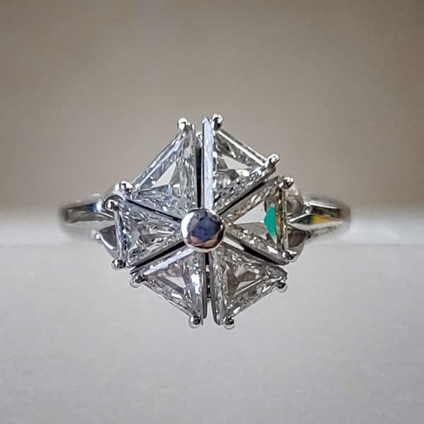 Custom Triangle-Cut Diamond Cathedral Platinum Ring