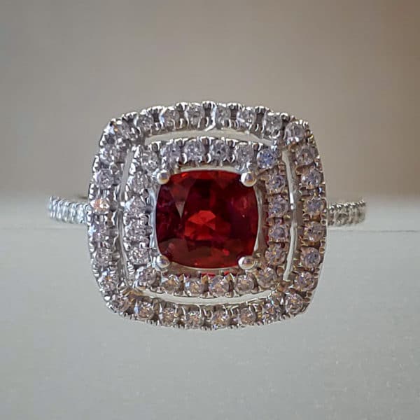 Double Diamond Halo w Natural Red Spinel in 14k White Gold