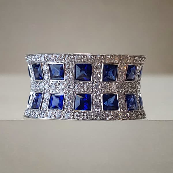 Bezel Set Princess-Cut Blue Sapphire Wide, Pinched, & Pave Diamond Ring
